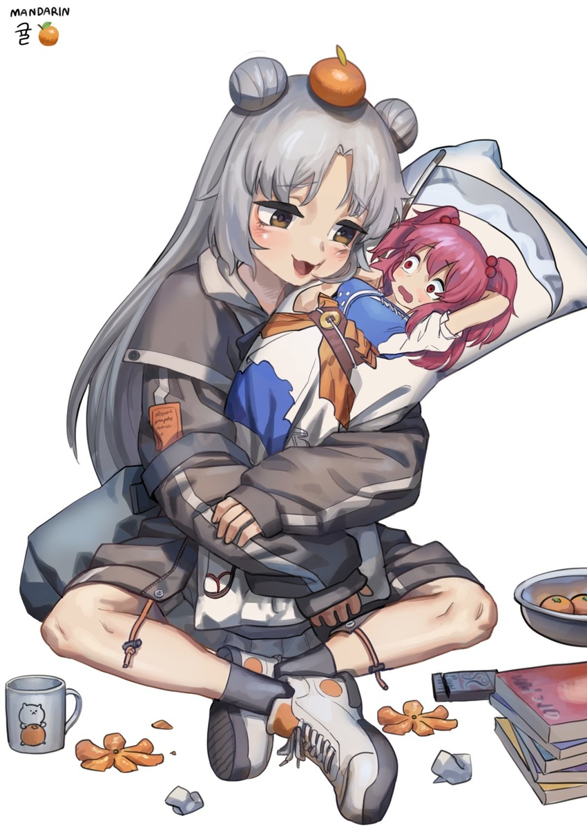 arm_behind_head arm_up belt blush breasts brown_eyes cheek_squash crossed_ankles d: dakimakura_(object) double_bun female food food_on_head fruit fruit_on_head full_body grey_hair hair_bobbles hair_bun hair_ornament highres indian_style jacket korean_commentary long_hair looking_at_another mandarin_orange medium_breasts object_on_head onozuka_komachi original pillow puffy_short_sleeves puffy_sleeves rbfnrbf_(mandarin) red_eyes red_hair sanpaku scythe short_sleeves simple_background sitting sleeves_past_wrists solo touhou two_side_up very_long_hair white_background wide-eyed