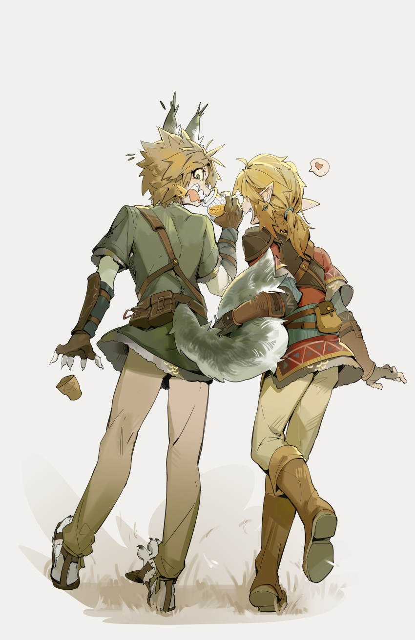 2boys absurdres animal_ears animal_feet arm_guards belt_pouch blonde_hair boots bottle brown_hair chest_guard drink drinking dropping dual_persona fingerless_gloves flying_sweatdrops food food_on_face from_behind gloves heart highres holding holding_another's_tail holding_bottle holding_drink hylian_set_(zelda) layered_sleeves light_brown_hair link long_sleeves looking_back looking_down male_focus multiple_boys octahooves oerba_yun_fang open_mouth pants pointy_ears ponytail pouch sandals shoe_soles short_over_long_sleeves short_sleeves spoken_heart standing surprised tail the_legend_of_zelda the_legend_of_zelda:_breath_of_the_wild the_legend_of_zelda:_twilight_princess tongue tunic walking wavy_mouth