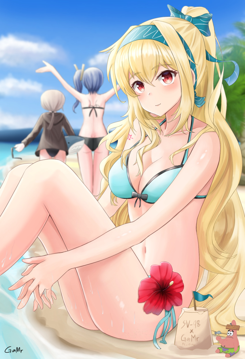 3girls beach bikini black_bikini blonde_hair blue_hair breasts day flower gamryous girls'_frontline green_bikini grey_hair hair_ribbon hibiscus high_ponytail highres holding holding_removed_eyewear hood hoodie k11_(girls'_frontline) long_hair m200_(girls'_frontline) multiple_girls navel outdoors patrick_star red_eyes ribbon sand_castle sand_sculpture side_ponytail sky spongebob_squarepants_(series) sv-98_(girls'_frontline) swimsuit unworn_eyewear