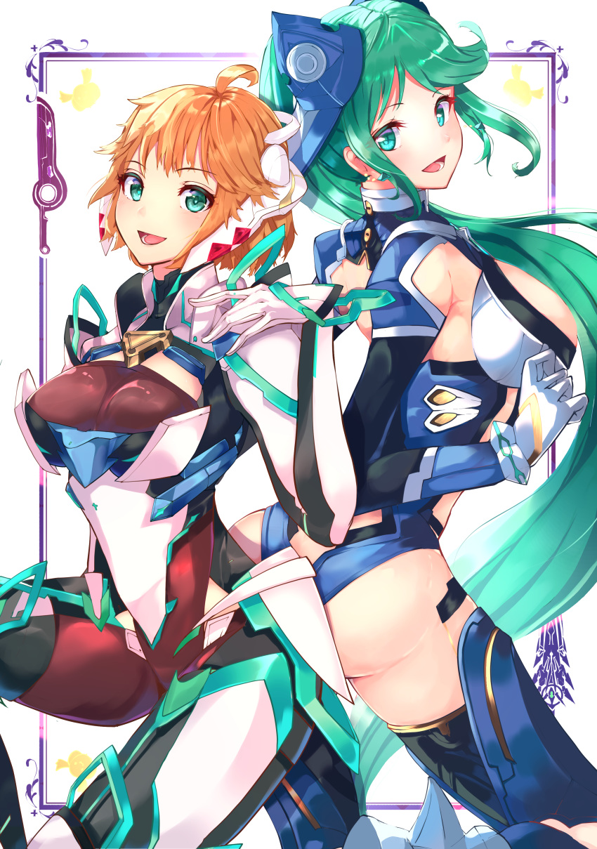 2girls :d absurdres aegis_sword_(xenoblade) ass back-to-back bad_id bad_pixiv_id blonde_hair breasts cosplay costume_switch cowboy_shot fiora_(xenoblade) fiora_(xenoblade)_(cosplay) gloves green_eyes green_hair halloween highres large_breasts leotard long_hair looking_at_viewer mecha-fiora mecha-fiora_(speed_cowling) medium_breasts monado multiple_girls open_mouth pneuma_(xenoblade) pneuma_(xenoblade)_(cosplay) ponytail risumi_(taka-fallcherryblossom) smile spoilers swept_bangs sword thighhighs very_long_hair weapon xenoblade_chronicles_(series) xenoblade_chronicles_1 xenoblade_chronicles_2