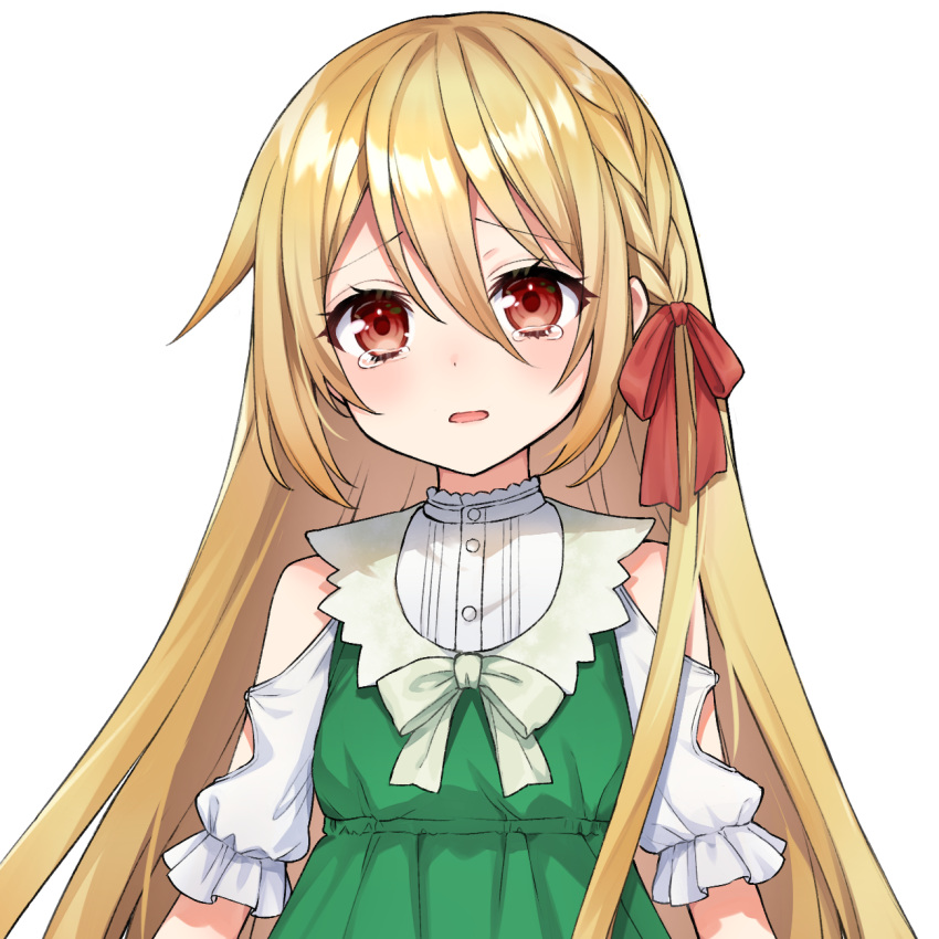 akariko bare_shoulders blonde_hair braid call_of_cthulhu commentary_request dress female green_dress hair_between_eyes hair_ribbon highres long_hair looking_at_viewer original red_eyes red_ribbon ribbon sad short_sleeves solo tachi-e tears transparent_background