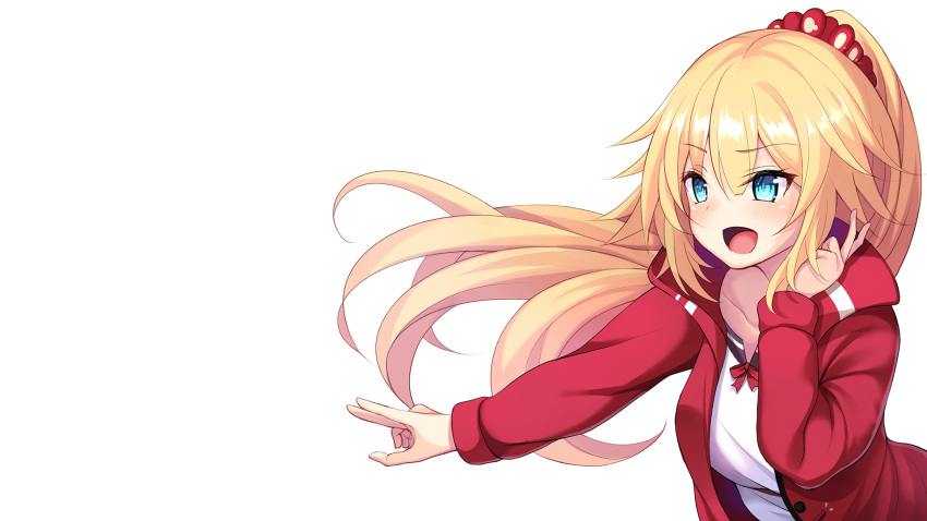 akai_haato akai_haato_(casual) blonde_hair blue_hair blush collarbone commentary_request female hair_ornament heart heart_hair_ornament highres hololive hood hoodie kira_dx_kira long_hair official_alternate_costume official_alternate_hairstyle open_mouth ponytail red_hoodie simple_background solo upper_body very_long_hair virtual_youtuber wavy_hair white_background