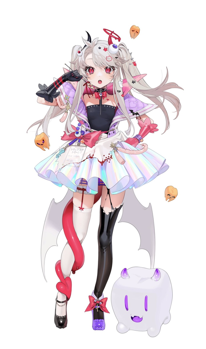 :o asymmetrical_footwear asymmetrical_gloves asymmetrical_legwear bad_id bad_twitter_id black_legwear black_shirt blonde_hair blood blood_halo brown_hair colorful crinoline decora demon_horns demon_tail dress eyeball female full_body gloves halo heart herme_(ohisashiburi) highres horns jacket liquid_halo long_hair looking_at_viewer mismatched_footwear mismatched_gloves mismatched_legwear ohisashiburi open_mouth original red_eyes shirt simple_background skirt slit_pupils solo standing tachi-e tail teeth thighhighs twintails white_background white_jacket white_legwear yami_kawaii