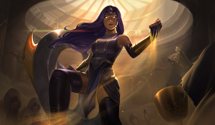 5others absurdres alternate_costume bare_shoulders black_gloves boomerang breasts closed_mouth cup dark-skinned_female dark_skin dress elbow_gloves female fingerless_gloves gloves glowing glowing_eyes hair_ornament highres holding holding_weapon large_breasts league_of_legends long_hair multiple_others purple_dress purple_hair sand sivir solo_focus thighhighs vincent_t_(oriaarts) weapon