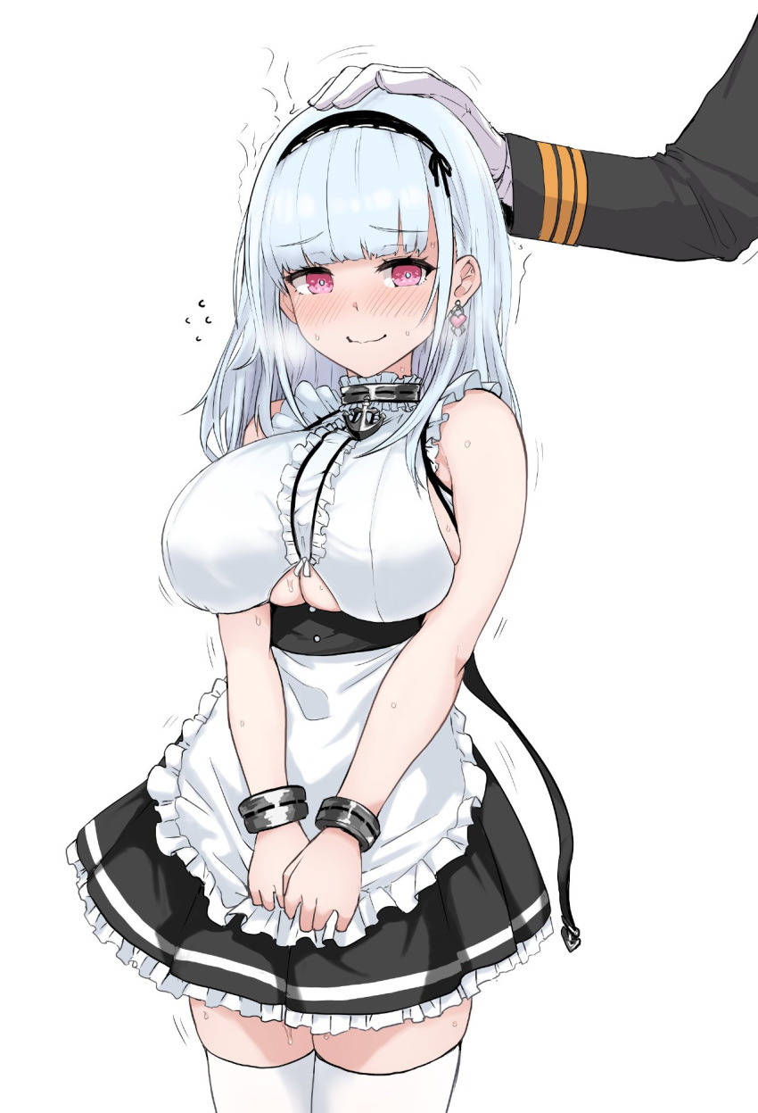 1boy apron azur_lane blunt_bangs blush breasts closed_mouth clothing_cutout commander_(azur_lane) commentary_request cowboy_shot dido_(azur_lane) earrings female gloves grey_hair hairband hand_on_another's_head headpat heavy_breathing highres jewelry large_breasts long_hair long_sleeves simple_background sleeveless solo_focus thighhighs trembling underboob underboob_cutout upanishi_mariko waist_apron white_apron white_background white_gloves white_thighhighs