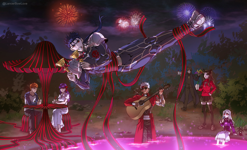 3girls 4boys archer_(fate) bell black_hair blood brown_hair bush cu_chulainn_(fate) cu_chulainn_(fate/stay_night) drink drinking drinking_straw emiya_shirou fate/stay_night fate_(series) fireworks food fruit guitar heaven's_feel highres illyasviel_von_einzbern instrument kim_yura_(goddess_mechanic) korean_commentary kotomine_kirei matou_sakura multiple_boys multiple_girls orange_hair parody patio_umbrella pool poolside purple_hair shadow_(fate/stay_night) signature smile sparkle sunglasses table tohsaka_rin twitter_username white_hair