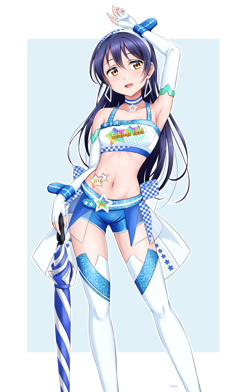 :d absurdres arm_up armpits bare_shoulders blue_choker blue_hair blue_shorts blush breasts choker ckst contrapposto crop_top earrings elbow_gloves feet_out_of_frame female fingerless_gloves gloves groin hairband highres jewelry long_hair long_legs looking_at_viewer love_live! love_live!_school_idol_festival love_live!_school_idol_festival_after_school_activity love_live!_school_idol_project midriff navel open_mouth pendant race_queen short_shorts shorts small_breasts smile solo sonoda_umi swept_bangs tank_top thighhighs triangle_earrings umbrella white_gloves white_hairband white_tank_top white_thighhighs wrist_cuffs yellow_eyes