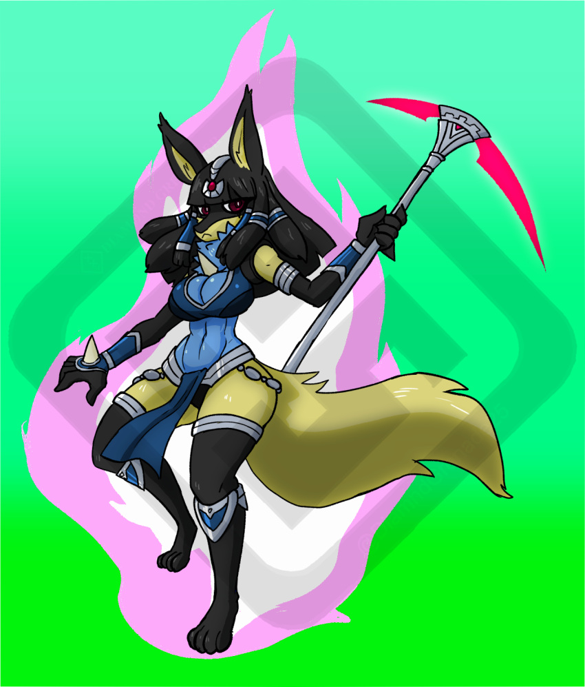 anthro aura black_body black_hair blue_body blue_fur breasts cleavage clothed clothing colored_fire diamond_grenadier energy_pickaxe energy_weapon female fire fur generation_4_pokemon hair hi_res holding_object holding_weapon lucario magic_staff melee_weapon nintendo pickaxe pink_aura pink_fire pokemon pokemon_(species) pokemorph polearm shiny_pokemon skimpy solo weapon yellow_body yellow_fur