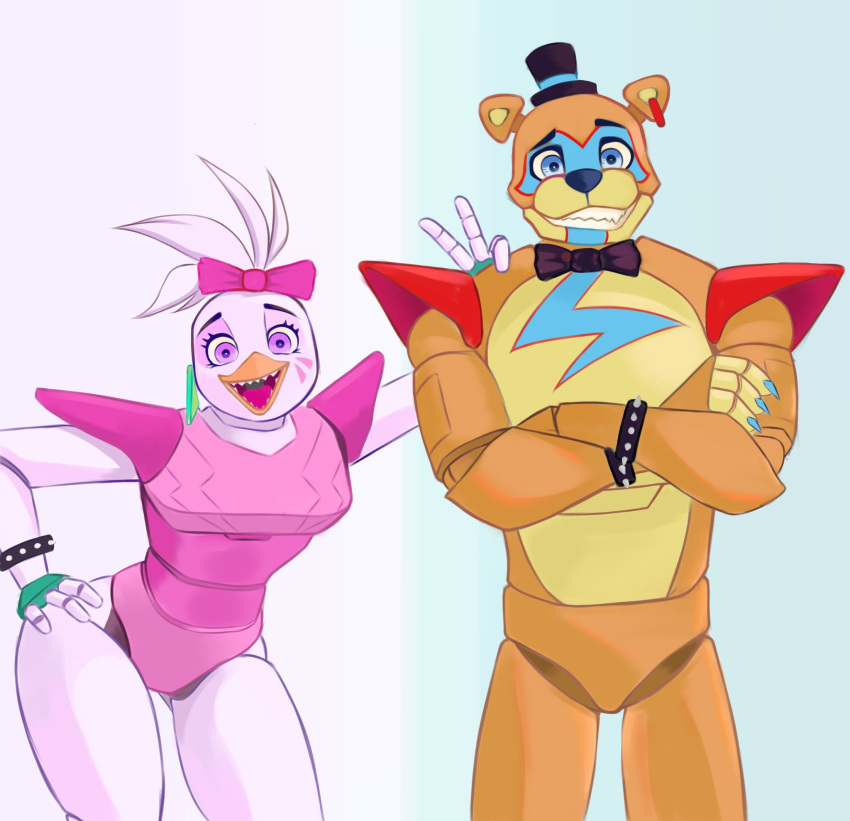 2022 accessory animatronic anthro avian beak bear bird blue_eyes chicken clothing digital_media_(artwork) duo ear_piercing ear_ring female five_nights_at_freddy's five_nights_at_freddy's:_security_breach galliform gallus_(genus) glamrock_chica glamrock_freddy hat headgear headwear hi_res machine male mammal open_beak open_mouth phasianid piercing purple_eyes ribbons ring_piercing robot scottgames simple_background steel_wool_studios xxjamiepawxx