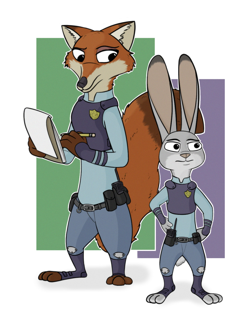 anothercolouranon anthro canid canine clothing disney duo female fox fur grey_body grey_fur hi_res judy_hopps lagomorph leporid male mammal nick_wilde notebook police police_uniform rabbit red_body red_fox red_fur rule_63 simple_background true_fox uniform zootopia