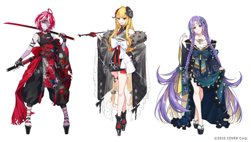 3girls absurdly_long_hair ahoge axe bare_legs belt black_collar black_footwear black_gloves black_hair black_kimono black_nails black_pants black_shirt blonde_hair blue_kimono blue_nails blush bow braid breasts button_eyes buttons chest_sarashi cleavage_cutout closed_mouth clothing_cutout collar colored_inner_hair colored_skin commentary crescent crescent_earrings crescent_moon crossed_legs dual_wielding earrings english_commentary facial_mark feather_boa fingerless_gloves fishnet_gloves fishnets floral_print flower flower_knot flute forehead_mark forehead_protector frilled_kimono frills full_body fur_scarf geta gloves gorilla_mask gradient_clothes gradient_kimono grey_hair grey_kimono grey_skin hadanugi_dousa hair_flower hair_ornament heterochromia highres holding holding_instrument holding_smoking_pipe holding_sword holding_weapon hololive hololive_indonesia instrument japanese_clothes jewelry kaela_kovalskia kaela_kovalskia_(new_year) katana kimono kimono_hold kiseru kureiji_ollie kureiji_ollie_(new_year) large_bow legs_apart long_hair looking_at_viewer low-tied_long_hair mask mask_on_head medium_breasts moon moona_hoshinova moona_hoshinova_(new_year) multicolored_hair multicolored_nails multicolored_skin multiple_girls nail_polish neck_tassel ninja obi off_shoulder official_alternate_costume official_art okobo open_mouth over_shoulder pale_skin pants parted_bangs parted_lips patchwork_skin pelvic_curtain pink_hair platform_footwear purple_eyes purple_hair purple_skin puunyannyan red_belt red_bow red_eyes red_gloves red_hair red_nails reverse_grip sample_watermark sandals sarashi sash scabbard sheath sheathed shirt short_hair short_kimono sidelocks simple_background single_sleeve sleeveless sleeveless_shirt small_breasts smile smoking_pipe spider_lily spider_lily_print standing starry_sky_print sword sword_over_shoulder tassel toenail_polish toenails torn_clothes twin_braids two-tone_gloves two-tone_hair udin_(kureiji_ollie) very_long_hair virtual_youtuber watermark watson_cross weapon weapon_over_shoulder white_background white_bow wide_sleeves yellow_eyes zombie