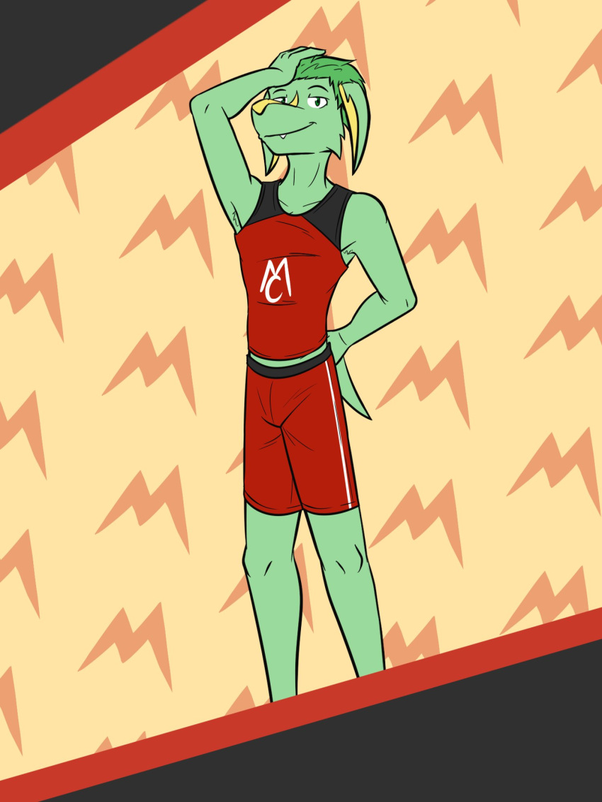 3:4 abstract_background anthro anthrofied bottomwear clothed clothing electrike fuze generation_3_pokemon hi_res jolt_(fuze) male nintendo pokemon pokemon_(species) pokemorph shirt shorts solo tank_top topwear