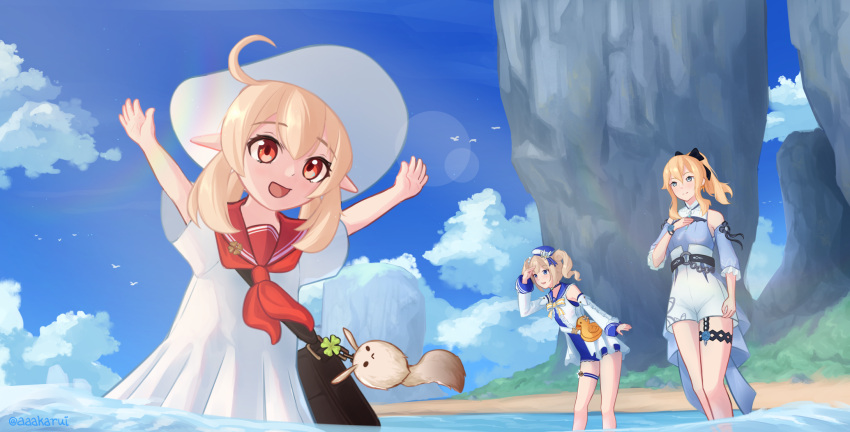 3girls :d ahoge akarui_(akaruiakarui) alternate_costume arms_up bag bag_charm barbara_(genshin_impact) barbara_(summertime_sparkle)_(genshin_impact) beach blonde_hair blue_eyes blue_one-piece_swimsuit blue_sky bow casual charm_(object) cloud cloudy_sky clover_print commentary_request day detached_sleeves dodoco_(genshin_impact) dress drill_hair duck_print genshin_impact hair_between_eyes hair_ribbon hairbow hand_on_own_chest handbag hat highres horizon island jean_(genshin_impact) jean_(sea_breeze_dandelion)_(genshin_impact) klee_(genshin_impact) leaning_forward long_hair looking_at_viewer multiple_girls ocean official_alternate_costume one-piece_swimsuit open_mouth outdoors outstretched_arms pointy_ears ponytail red_eyes ribbon sailor_collar sailor_dress salute shoulder_bag sidelocks sky smile spread_arms sun_hat swimsuit twin_drills wading