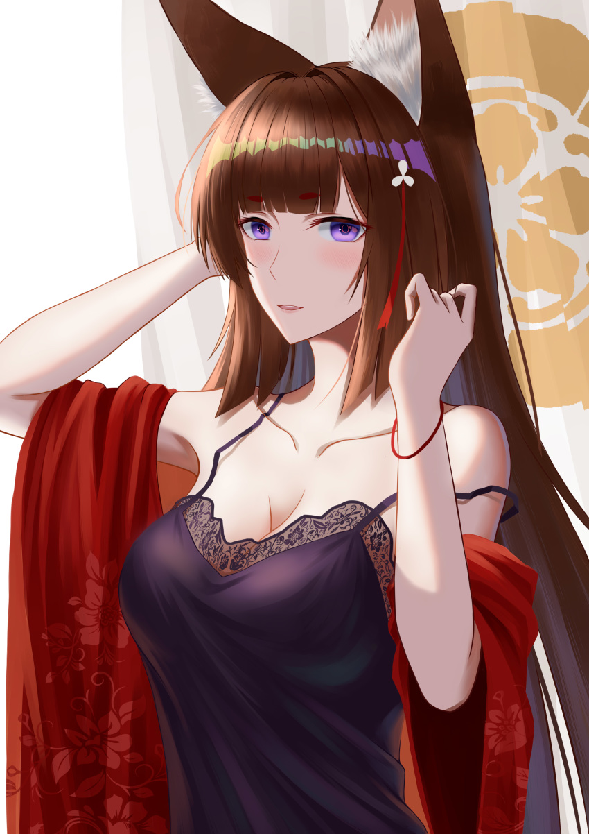 absurdres amagi_(azur_lane) animal_ears azur_lane bare_shoulders black_nightgown blush breasts brown_hair cleavage female flag fox_ears fox_girl frozen-sad hair_ribbon highres large_breasts long_hair looking_at_viewer nightgown purple_eyes red_ribbon red_shawl ribbon sakura_empire_(emblem) shawl solo strap_slip