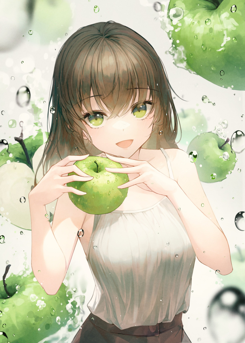 absurdres apple bare_shoulders breasts brown_hair commentary condensation crystalherb female food fruit green_apple green_eyes hair_between_eyes highres holding holding_food holding_fruit long_hair looking_at_viewer medium_breasts open_mouth original sleeveless smile solo symbol-only_commentary water