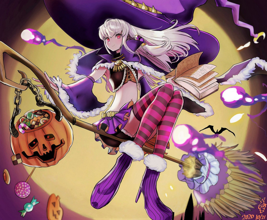 bare_shoulders book broom broom_riding candy capelet closed_mouth commentary_request death_knight_(fire_emblem) detached_sleeves female fire_emblem fire_emblem:_three_houses food full_body full_moon halloween halloween_bucket halloween_costume hat high_heels highres holding holding_book inaba_(usanopo) large_hat long_hair lysithea_von_ordelia magic moon night pink_eyes pink_legwear pleated_skirt purple_footwear purple_headwear purple_skirt sidesaddle skirt smile striped_clothes striped_thighhighs thighhighs white_hair witch witch_hat