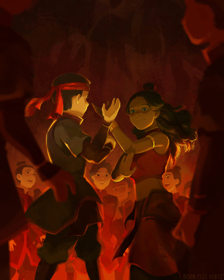 aang armlet avatar:_the_last_airbender avatar_legends black_hair blue_eyes bracelet brown_hair crowd dancing dark-skinned_female dark_skin devin_elle_kurtz hair_bun headband highres jewelry katara long_skirt looking_at_another midriff multiple_boys multiple_girls navel photoshop_(medium) single_hair_bun skirt smile