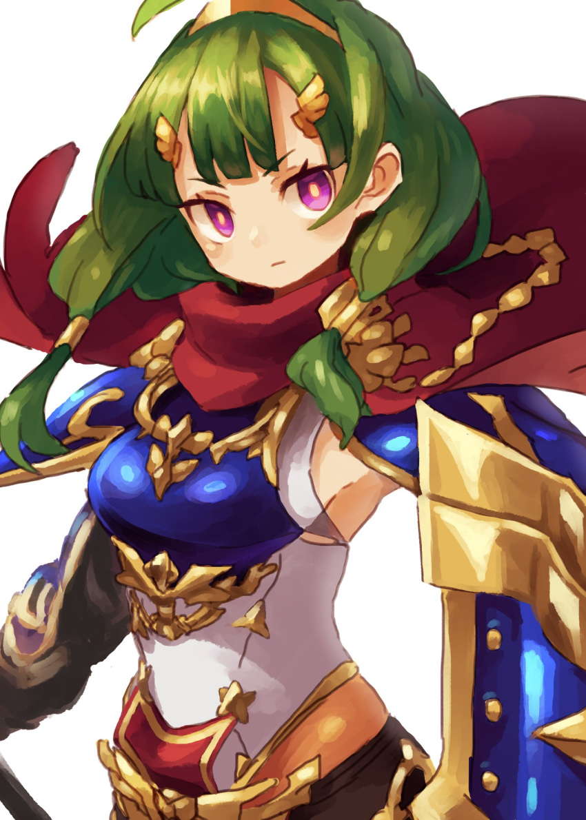 ahoge breasts cape closed_mouth cowboy_shot female green_hair hair_tubes hairband hero_(sekaiju) hero_2_(sekaiju) highres holding holding_shield looking_at_viewer low_twintails medium_breasts okame_nin red_cape sekaiju_no_meikyuu sekaiju_no_meikyuu_x shield simple_background solo twintails white_background