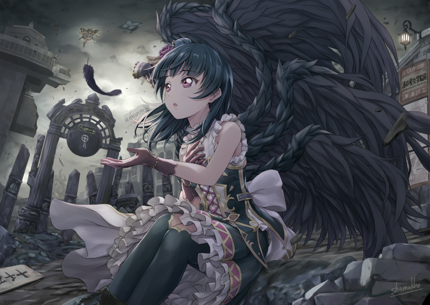 2girls :o artist_name back_bow black_feathers black_pantyhose black_wings blue_hair bow bracelet butterfly_wings cloud cloudy_sky commentary_request cross-laced_clothes cupping_hand dark_clouds dress duplicate fallen_angel feathered_wings feathers flying frilled_dress frills gate gloves group_name hair_bun hand_on_own_chest highres insect_wings jewelry kunikida_hanamaru love_live! love_live!_sunshine!! mitaiken_horizon multiple_girls one_eye_closed outdoors overcast pantyhose pixel-perfect_duplicate purple_eyes rubble ruins shadowverse shamakho single_side_bun sitting sky sleeveless sleeveless_dress solo_focus thighhighs tsushima_yoshiko white_bow wings