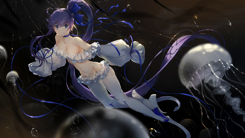 ahoge air_bubble baisi_shaonian bare_shoulders bikini black_background blue_choker blue_eyes blue_ribbon blush bubble choker closed_mouth collarbone detached_sleeves fate/grand_order fate_(series) female frilled_bikini frills full_body hair_ribbon high_ponytail highres jellyfish long_hair long_sleeves looking_at_viewer lowleg lowleg_bikini meltryllis_(fate) meltryllis_(swimsuit_lancer)_(fate) meltryllis_(swimsuit_lancer)_(third_ascension)_(fate) navel photoshop_(medium) prosthesis prosthetic_leg puffy_long_sleeves puffy_sleeves purple_hair ribbon simple_background sleeves_past_fingers sleeves_past_wrists smile solo stomach swimsuit underwater very_long_hair white_bikini