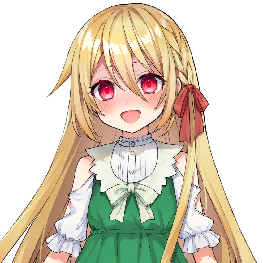 akariko bare_shoulders blonde_hair blush braid call_of_cthulhu commentary_request dress female green_dress hair_between_eyes hair_ribbon happy highres long_hair looking_at_viewer original red_eyes red_ribbon ribbon short_sleeves solo tachi-e transparent_background yandere