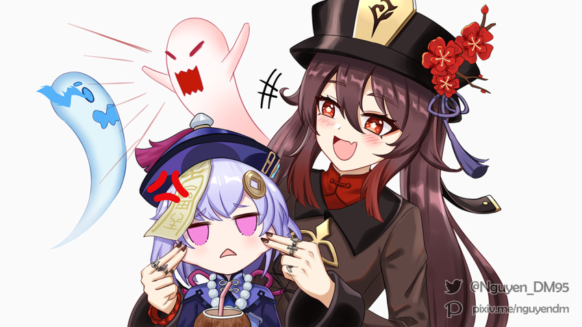 2girls anger_vein annoyed arms_up black_headwear black_nails blue_headwear blush boo_tao_(genshin_impact) brown_hair cheek_pinching cheek_pull coconut coin coin_hair_ornament collar collared_shirt dm_(nguyen_dm95) dress_shirt drink drinking_straw feathers flower fruit_cup genshin_impact ghost hair_between_eyes hair_intakes hair_ornament half-closed_eyes hands_up happy hat hat_feather hat_flower hu_tao_(genshin_impact) jewelry jiangshi light_purple_hair long_sleeves multiple_girls nail_polish necklace no_pupils oerba_yun_fang open_mouth pearl_necklace pinching pink_eyes pixiv_id plum_blossoms purple_hair qiqi_(genshin_impact) red_eyes red_flower red_shirt ring shirt short_eyebrows short_hair simple_background smile twintails twitter_username watermark wavy_mouth white_background wide_sleeves