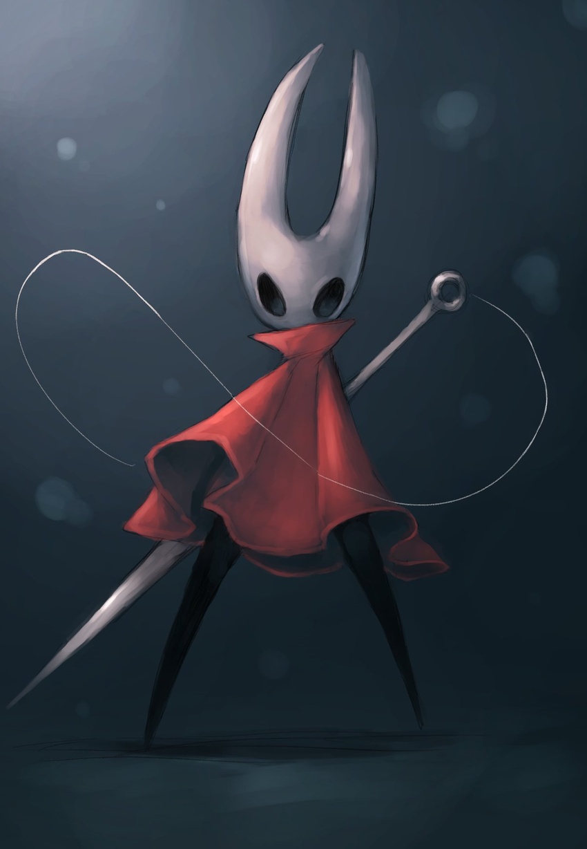 cloak female highres holding hollow_eyes hollow_knight hornet_(hollow_knight) legs_apart needle needle_(hollow_knight) needle_sword no_humans okame_nin red_cloak solo standing weapon