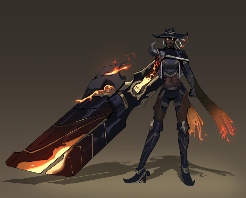 absurdres belt black_capelet black_headwear boots breasts brown_background capelet clenched_hand crop_top dark-skinned_female dark_skin dreadlocks female fiery_hair fire full_body gauntlets glowing glowing_eyes gradient_background gun high_heel_boots high_heels high_noon_(league_of_legends) high_noon_senna highres holding holding_gun holding_weapon large_breasts league_of_legends looking_at_viewer navel official_alternate_costume orange_scarf pants scarf senna_(league_of_legends) solo standing stomach thigh_boots thighhighs vincent_t_(oriaarts) weapon white_hair