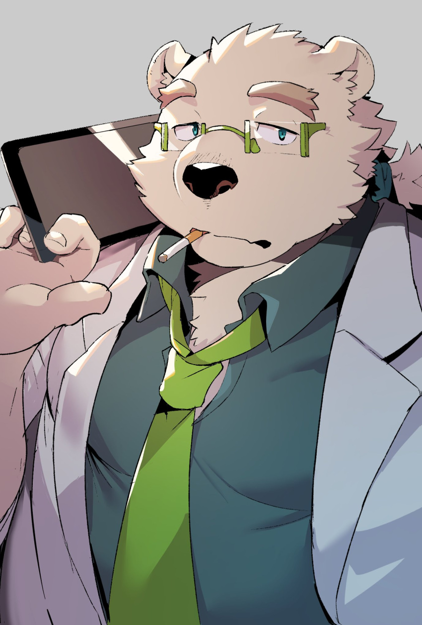 1boy animal_ears bara bear_boy bear_ears blue_eyes blue_shirt cigarette dress_shirt furry furry_male glasses green-framed_eyewear green_necktie grey_background hand_up highres holding holding_phone lab_coat leib_(housamo) looking_at_viewer loose_necktie male_focus mature_male necktie phone ponytail shirt short_hair shukou_akanaru_(trabel) solo thick_eyebrows tokyo_afterschool_summoners