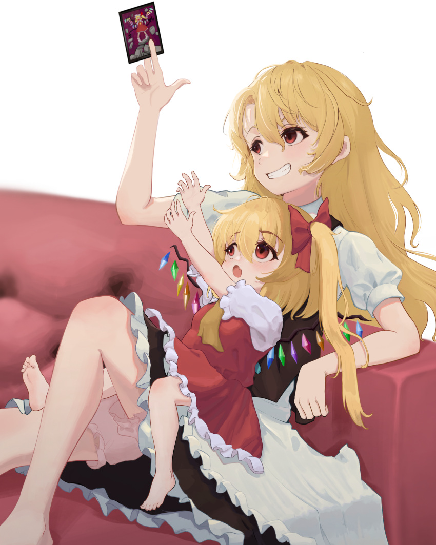 100th_black_market 2girls ability_card_(touhou) absurdres aged_down arm_up barefoot between_fingers blonde_hair bloomers buttons card commentary couch crystal esthoric feet flandre_scarlet grin highres holding holding_card indoors kirisame_marisa lolicon looking_away multicolored_buttons multiple_girls no_headwear oerba_yun_fang red_eyes red_vest short_sleeves skin_fang smile toes touhou underwear vest wings