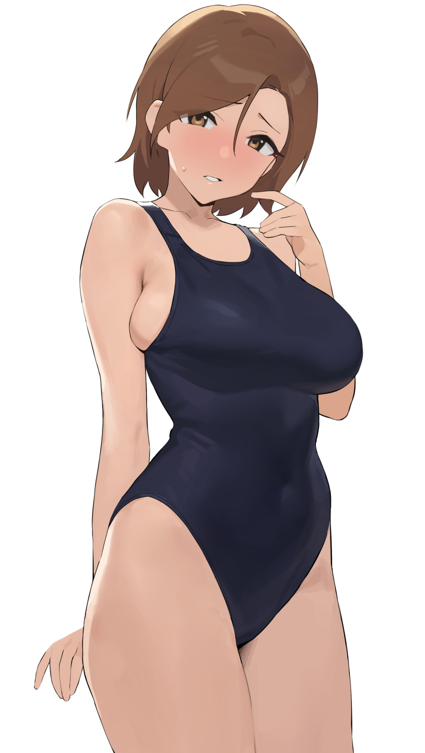 absurdres black_one-piece_swimsuit blush breasts brown_eyes brown_hair bursting_breasts collarbone covered_navel cowboy_shot embarrassed female highres idolmaster idolmaster_cinderella_girls large_breasts looking_at_viewer medium_hair mizuki_seira new_school_swimsuit onao one-piece_swimsuit school_swimsuit skindentation solo sweatdrop swimsuit white_background