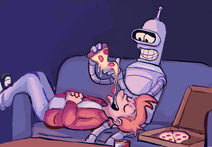 bender_bending_rodríguez cheese clothing comedy_central container dairy_products duo food furniture futurama handsomehugs human jacket machine male male/male mammal not_furry open_mouth philip_j._fry pizza pizza_box pizza_slice politepuppet red_clothing red_jacket red_topwear robot sofa tongue tongue_out topwear