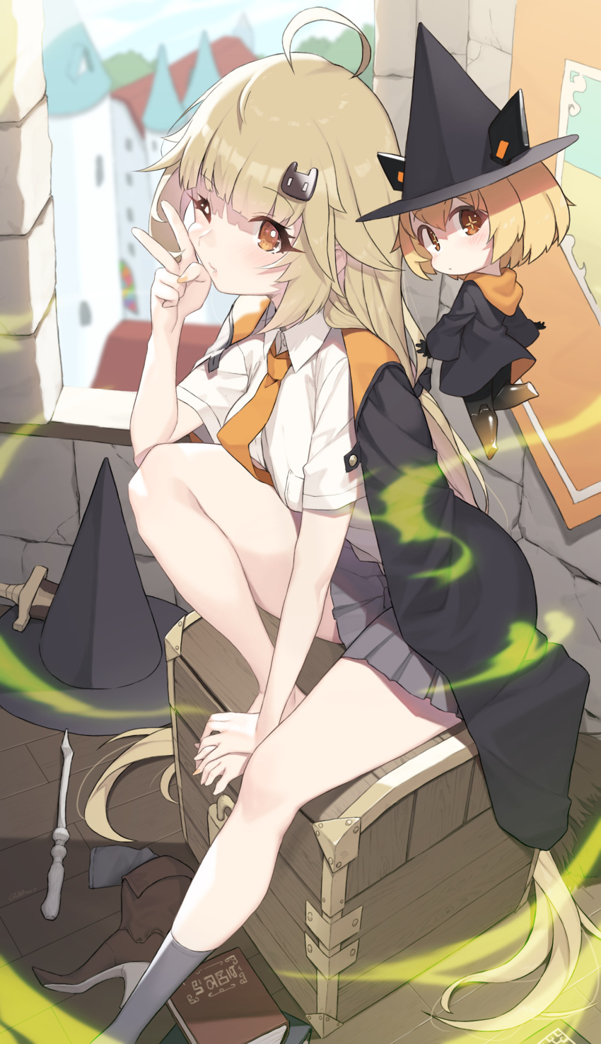 2girls absurdres ahoge black_cape black_headwear blonde_hair blurry blurry_background book boots brown_footwear cape cloba grey_skirt hair_ornament hat highres legs long_hair looking_at_viewer mi-a_(tower_of_fantasy) multiple_girls necktie one_eye_closed orange_eyes orange_necktie shirli_(tower_of_fantasy) shirt sitting skirt thighs tower_of_fantasy unworn_boots unworn_hat unworn_headwear v very_long_hair white_shirt witch_hat