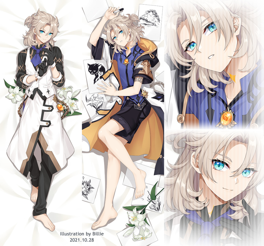 1boy albedo_(genshin_impact) albedo_(sweets_paradise)_(genshin_impact) aqua_eyes barefoot bed_sheet billie_(meng_gong_fang) black_gloves black_shorts blonde_hair dakimakura_(medium) flower full_body genshin_impact gloves hood hooded_coat lily_(flower) looking_at_viewer male_focus medium_hair multiple_views official_alternate_costume parted_lips short_sleeves shorts sweets_paradise vision_(genshin_impact)