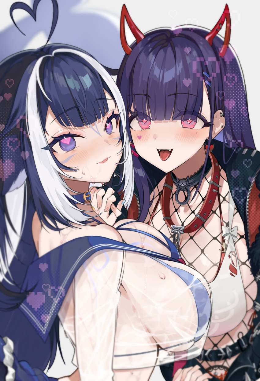 2girls ahoge akuma_nihmune akuma_nihmune_(2nd_costume) animal_collar animal_ears black_hair blue_sailor_collar blue_skirt body_markings breasts collar commentary crop_top ear_piercing eyelashes facial_mark fake_horns fangs fishnets heart heart_ahoge heart_facial_mark highres horns indie_virtual_youtuber large_breasts long_hair looking_at_viewer may_nakasaki mole mole_under_eye multiple_girls open_mouth piercing pink_eyes purple_eyes purple_hair red_collar sailor_collar see-through see-through_shirt shirt shylily shylily_(1st_costume) sideboob skirt smile symbol-only_commentary tongue tongue_out virtual_youtuber wet wet_clothes wet_shirt white_hair