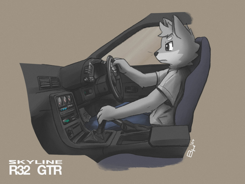 ambiguous_gender anthro bruno_borker canid canine canis car clothed clothing dashboard detailed domestic_dog door focused footwear grey_body handbrake head_tuft hi_res inside_car internal mammal manual_shifter nissan nissan_gtr nissan_skyline shoes sitting solo steering_wheel tuft vehicle window