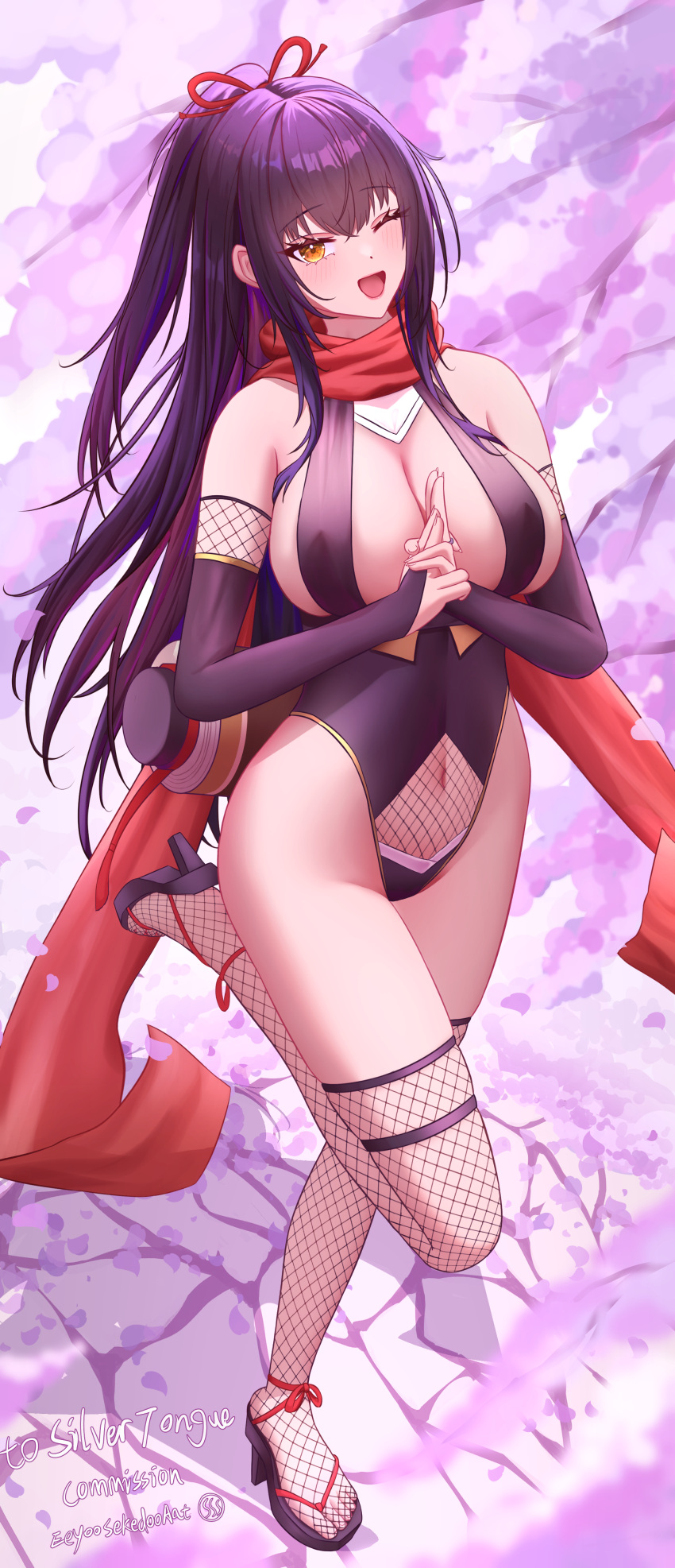 absurdres breasts bridal_gauntlets brown_eyes commission covered_navel eeyoosekedooaat elbow_gloves female fishnet_thighhighs fishnets gloves hair_ribbon high_heels highres kotegawa_yui large_breasts leotard long_hair navel ninja okobo open_mouth pixiv_commission purple_hair red_ribbon red_scarf ribbon sandals scarf solo thighhighs to_love-ru very_long_hair