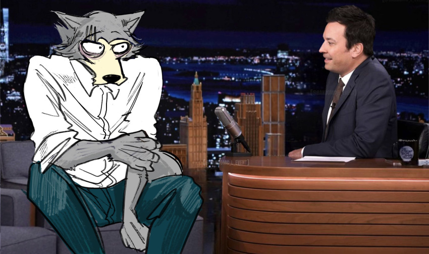 2024 anthro beastars black_clothing black_suit blue_bottomwear blue_clothing blue_pants bottomwear canid canine canis clothing desk duo electronics fur furniture grey_body grey_fur hi_res human humor itagaki_paru jimmy_fallon legoshi_(beastars) male mammal microphone multicolored_body multicolored_fur necktie pants photo_background photography_(artwork) scar shirt sofa suit table tan_body tan_fur the_tonight_show_starring_jimmy_fallon topwear white_clothing white_shirt white_topwear wolf