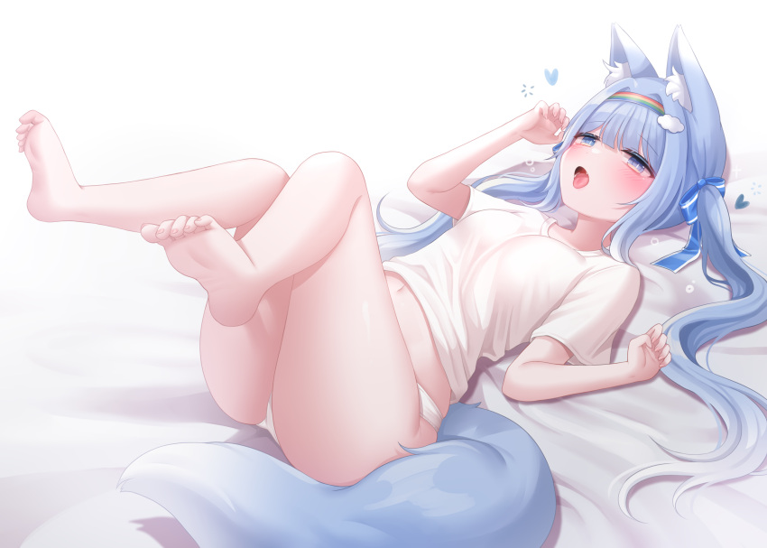 :o absurdres animal_ear_fluff animal_ears bare_legs barefoot bed_sheet blue_bow blue_eyes blue_hair blue_ribbon blue_tail blunt_bangs bow breasts cloud_hair_ornament commission feet feet_up female full_body gradient_hair hair_ornament hair_ribbon hairband hairbow half-closed_eyes hands_up heart highres honyang knees_together_feet_apart legs legs_up long_hair lying multicolored_hair navel no_pants oerba_yun_fang on_back on_bed open_mouth original panties rainbow_hairband ribbon shirt short_sleeves sidelocks slit_pupils small_breasts soles solo t-shirt tail toe_scrunch toenails toes tongue tongue_out twintails underwear white_panties white_shirt