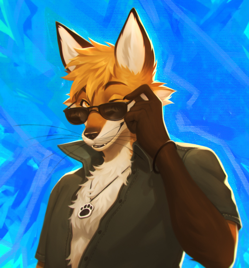 absurd_res anthro bust_portrait canid canine cheek_tuft chest_tuft clothed clothing collared_shirt dipstick_arms dipstick_ears doppelfoxx ear_markings eyebrows eyewear facial_tuft fox fur green_clothing green_shirt green_topwear hi_res jakkals_van_der_bergh_(doppelfoxx) jewelry male mammal multicolored_ears necklace one_eye_closed open_clothing open_shirt open_topwear orange_body orange_eyes orange_fur portrait shirt smile smirk solo sunglasses teeth topwear tuft wao_art whiskers white_body white_fur wink wristband