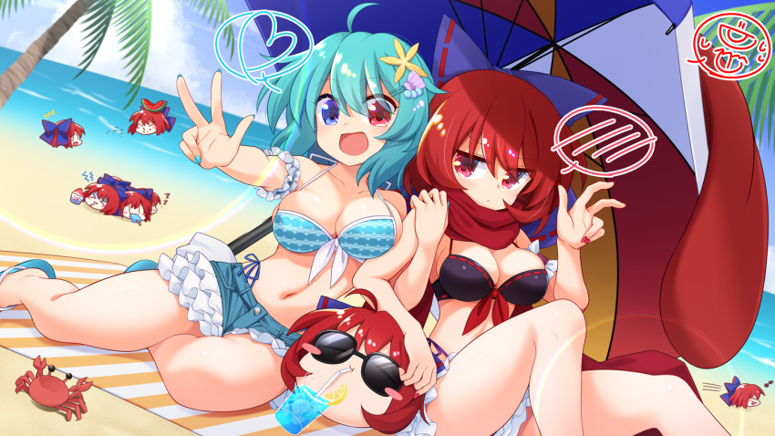 beach bikini bikini_under_shorts black_bikini blue_bikini blue_eyes blue_hair bow breasts cleavage commentary_request commission crab cup disembodied_head drinking_glass eating flip-flops frills full_body hairbow heart heterochromia karakasa_obake large_breasts looking_at_viewer muchin_jousha multicolored_umbrella multiple_girls multiple_heads navel open_mouth red_eyes red_hair red_scarf ribbon-trimmed_bikini salute sandals scarf sekibanki sekibanki_(dullahan_on_the_beach) shell_hair_ornament short_hair single_sandal skeb_commission smile spoken_blush spoken_heart starfish_hair_ornament striped_bikini striped_clothes sunglasses swimsuit tatara_kogasa tatara_kogasa_(beach_umbrella_castaway) tongue touhou touhou_lostword umbrella