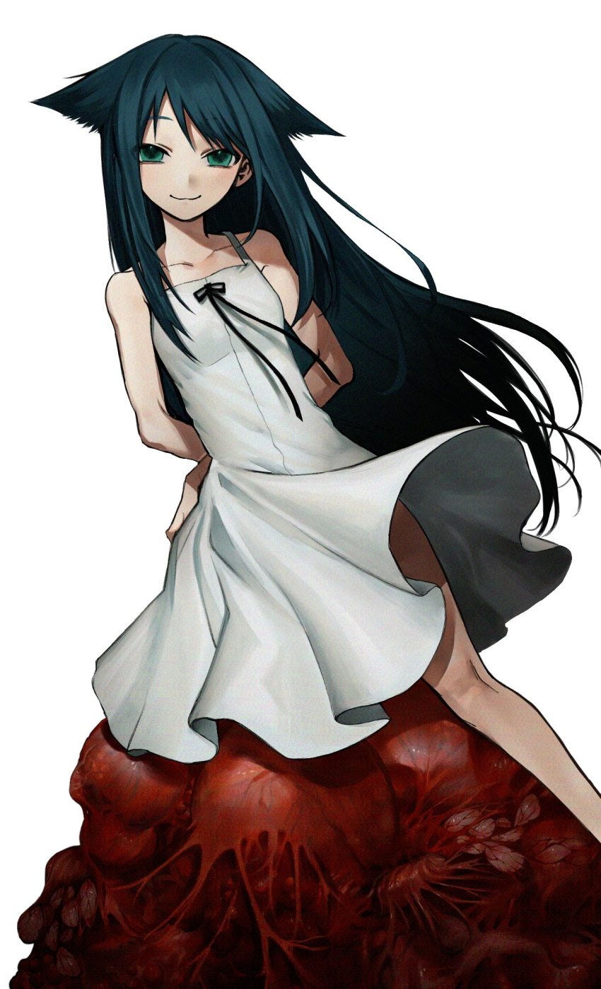 arms_behind_back black_ribbon blood closed_mouth collarbone dress female flesh green_eyes green_hair hair_flaps highres long_hair looking_at_viewer ma2_ereki ribbon saya_(saya_no_uta) saya_no_uta sidelocks sleeveless sleeveless_dress smile solo very_long_hair white_dress