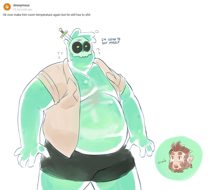 2boys bara big_belly colored_skin cowboy_shot doug_(monster_prom) english_text fat fat_man flying_sweatdrops green_skin have_to_pee highres male_focus monster_boy monster_prom multiple_boys nervous nifast_(greentail) object_through_head parted_lips scott_howl see-through short_shorts shorts slime_boy solo_focus sword_in_head tareme thick_eyebrows wolf_boy