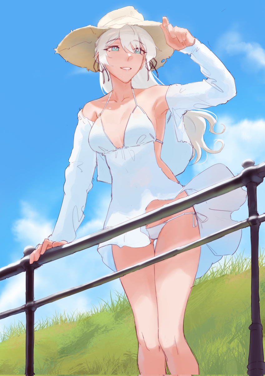 bare_shoulders blue_eyes blue_sky breasts cleavage cloud collarbone commentary dangodes day dress female grass hair_between_eyes hand_on_headwear hand_on_railing hat highres hill long_hair long_sleeves looking_at_viewer medium_breasts off_shoulder original outdoors panties side-tie_panties sky sleeveless sleeveless_dress smile solo standing straw_hat sun_hat sundress symbol-only_commentary thigh_gap thighs underwear very_long_hair white_dress white_hair white_panties wind wind_lift