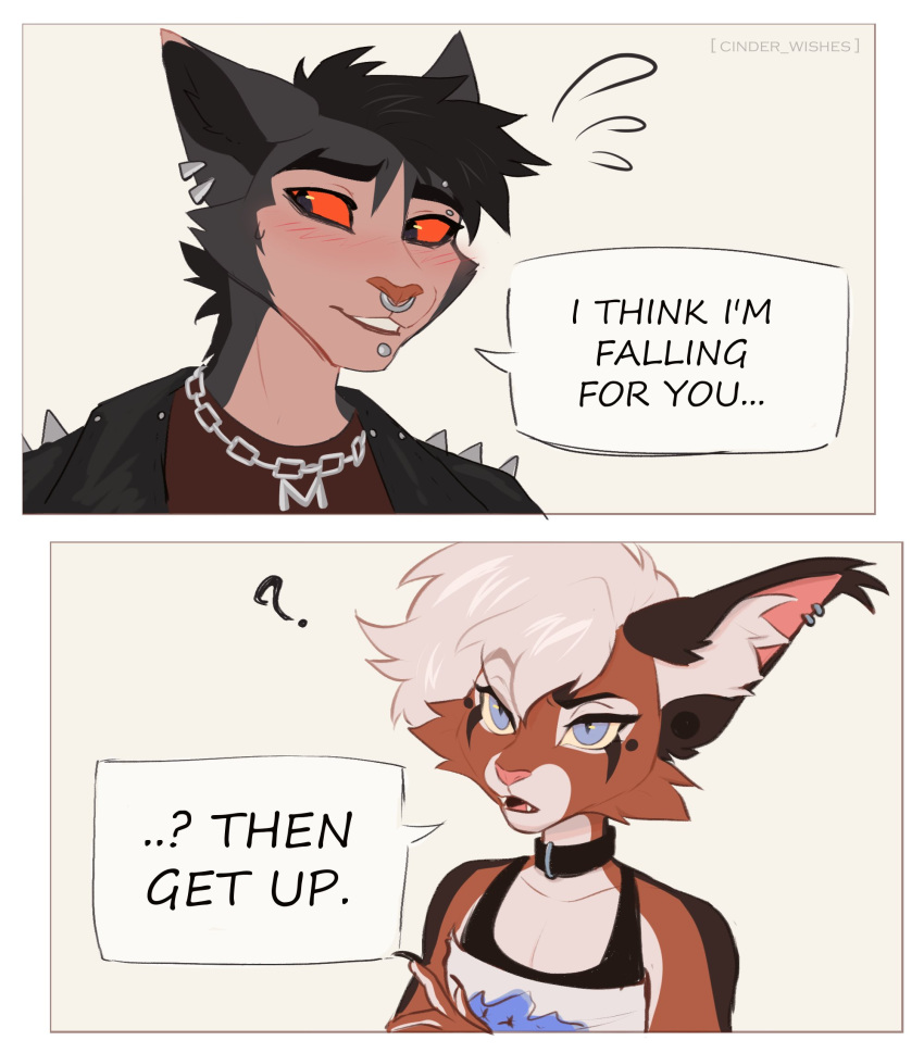 2_panel_comic angel_(cinderwishes) anthro black_body black_fur black_hair blush blush_lines brown_body brown_fur caracal caracal_(genus) chain_necklace cheek_tuft cinderwishes clothing dialogue domestic_cat duo ear_piercing ear_ring ear_tuft english_text eyebrow_piercing facial_piercing facial_tuft fangs felid feline felis femboy fur gauged_ear grey_body grey_fur hair half-closed_eyes hi_res humor inner_ear_fluff jacket jewelry leather leather_clothing leather_jacket leather_topwear lip_piercing lykoi male mammal mercy_(cinderwishes) narrowed_eyes necklace nose_piercing nose_ring open_mouth orange_sclera piercing ring_piercing shirt speech_bubble t-shirt tan_body tan_fur tank_top teeth text topwear tuft white_hair