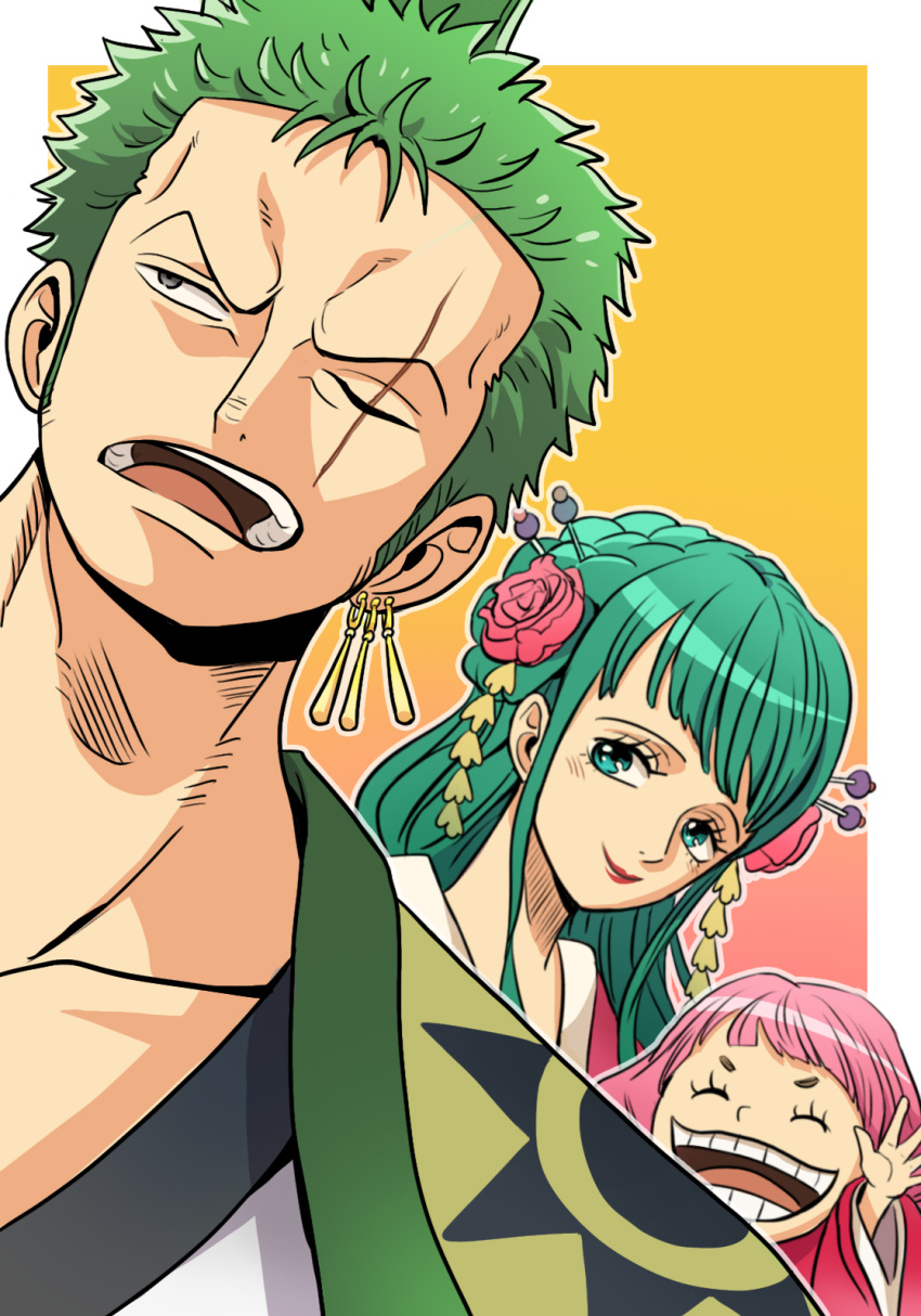 1boy 2girls alternate_hairstyle black_eyes flower green_eyes green_hair hair_flower hair_ornament highres japanese_clothes kimono kouzuki_hiyori living_(pixiv5031111) long_hair looking_at_another multiple_girls official_alternate_costume one_piece pink_hair roronoa_zoro scar scar_across_eye scar_on_face short_hair sidelocks tied_hair toko_(one_piece) upper_body