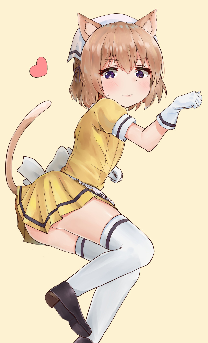 absurdres animal_ears black_footwear blend_s blush brown_hair cat_ears cat_tail commentary_request female from_side heart highres hoshikawa_mafuyu looking_at_viewer paw_pose purple_eyes racchi. shoes short_hair solo standing standing_on_one_leg stile_uniform sweatdrop tail thighhighs waitress white_thighhighs