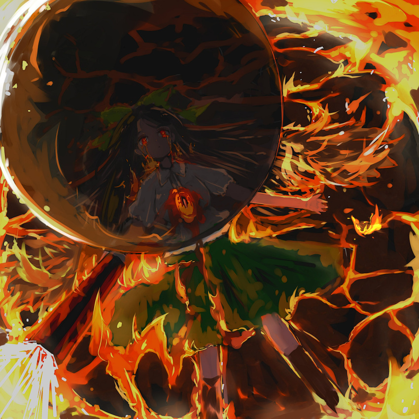 absurdres arm_cannon bird_wings black_hair bow breasts bubble burning commentary crying crying_with_eyes_open feathered_wings feet_out_of_frame female fire green_bow green_skirt hairbow highres ichinose_(kurui96) large_breasts lava long_hair lying on_back outstretched_arms red_eyes reiuji_utsuho shirt short_sleeves skirt solo spread_wings tears third_eye touhou weapon white_shirt wings