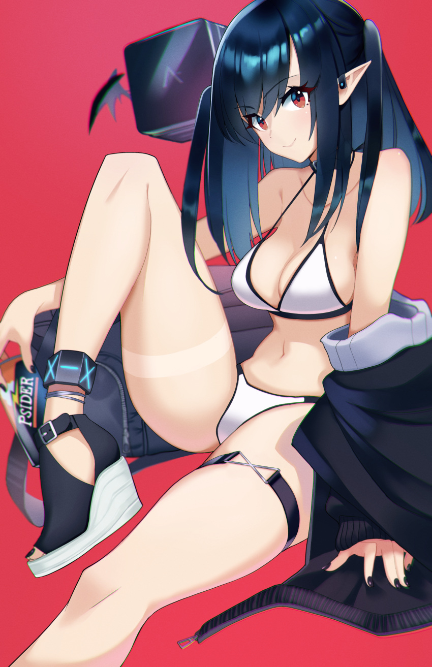 alternate_costume arknights belt bikini black_footwear black_hair black_jacket black_nails breasts choker cleavage closure_(arknights) collarbone commentary earpiece english_commentary female foot_out_of_frame highres infection_monitor_(arknights) jacket knee_up lambda_(arknights) long_hair looking_at_viewer medium_breasts nail_polish navel off_shoulder pointy_ears psidubs red_eyes shirt shoes sitting skindentation solo swimsuit thick_thighs thigh_strap thighs twintails wedge_heels white_bikini