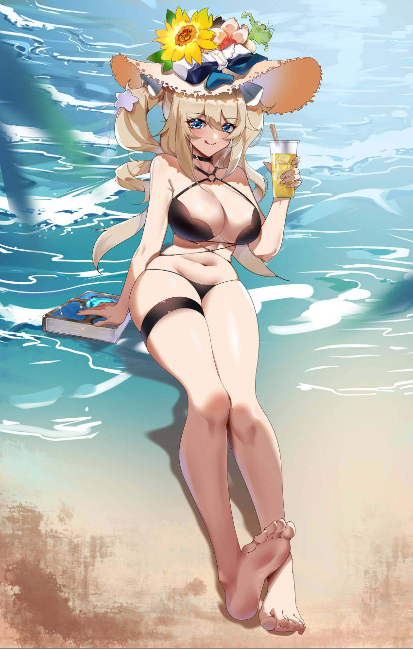 :q absurdres arm_at_side arm_up barbara_(genshin_impact) bare_arms bare_legs bare_shoulders barefoot beach bikini black_bikini black_choker blonde_hair blue_eyes blurry blurry_foreground book breasts choker cleavage closed_mouth criss-cross_halter cup depth_of_field drinking_glass feet female flower full_body genshin_impact groin hair_between_eyes halterneck hand_up hat hat_flower highres holding holding_cup large_breasts long_hair looking_at_viewer navel o-ring o-ring_bikini ocean outdoors sitting skindentation smile soles solo stomach straw_hat sun_hat swimsuit thigh_strap thighs toes tongue tongue_out twintails water yellow_flower yiran